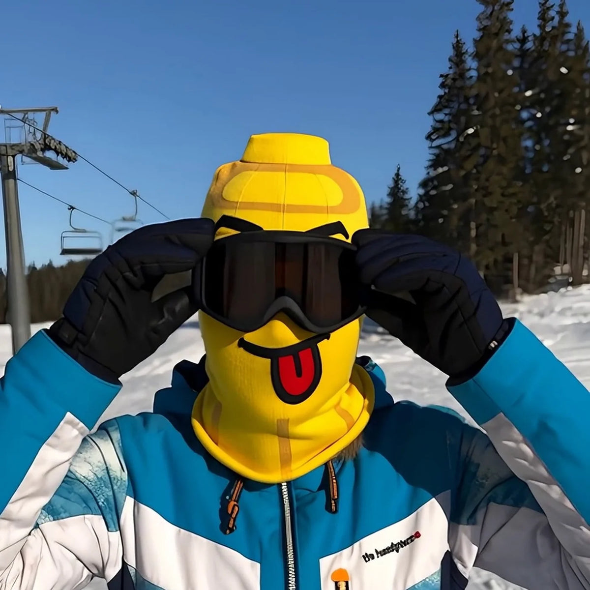 Pasamontañas de punto con cara de muñeco para esquí, gafas encima y a la pista